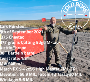 Lars Rørstrøm made 4 hits at 2 miles (3.21869km) at the Cold Bore Range in Denmark with March 5-42×56 Scope!
